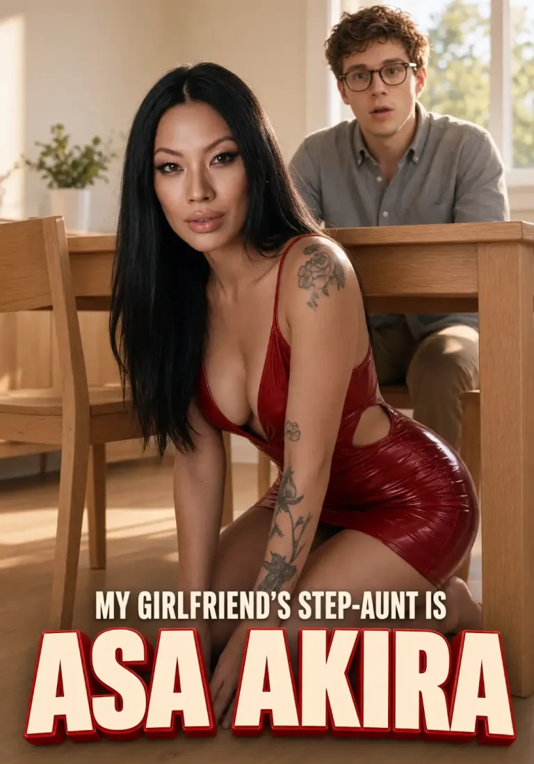 My Girlfriend's Step-Aunt Is Asa Akira poster: Asa Akira's AI likeness in a red dress by the dinner table, her niece's boyfriend watching from his chair