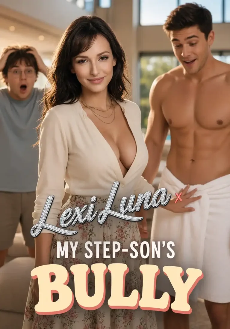 My Step-Son's Bully poster: Lexi Luna's AI likeness smiling next to a college jock in a towel, her stepson shocked in the background